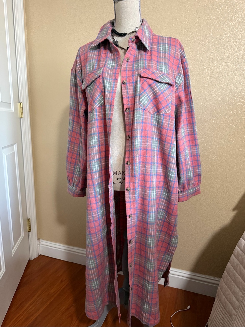 Pink Plaid Long Utility Shirt Jacket